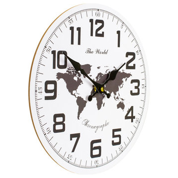 12" White and Black Battery Operated Round Wall Clock With Continent Design