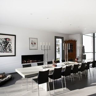 フランクフルトの広いコンテンポラリースタイルのLDKの画像 (白い壁、横長型暖炉、漆喰の暖炉まわり)