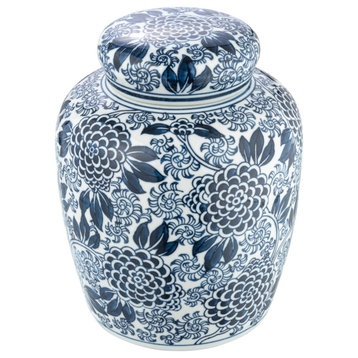 Decorative Chrysanthemum Ceramic Ginger Jar with Lid, Blue and White