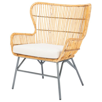 Bohemian Accent Chair, Wide Cushioned Seat With Curved Rattan Backrest, Natural