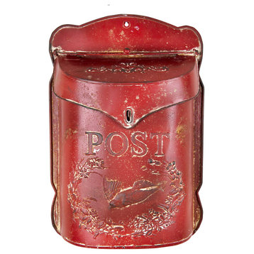 Embossed Tin Post Box, Distressed Finish, Red