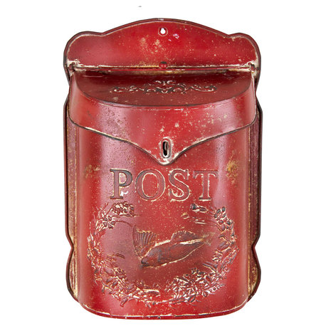 Embossed Tin Post Box, Distressed Finish, Red