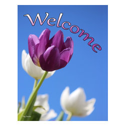 Flag Emotes - Double Sided Garden Flag, Purple and White Tulips Welcome - Flags And Flagpoles