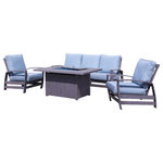 Courtyard Casual - Cabo 4 Piece Sofa Fire Pit Set - Spend countless hours in your outdoor space enjoying our most popular Cabo collection. With clean lines and timeless beauty this outdoor furniture rises to the top on the comfort scale. Made with extra wide aluminum which has been hand brushed for a weathered wood grain look and is low maintenance. Cushions are made of Sunbrella brand high performance fabric and filled with densified foam and a vertical fiber for outstanding comfort. The Cabo collection offers both seating and dining and several pieces to outfit your outdoor space. Easy to assemble and 1 Year Limited Manufacturer Warranty