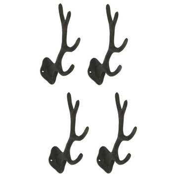 Rustic Brown Cast Iron Antler Wall Hooks Set of 4