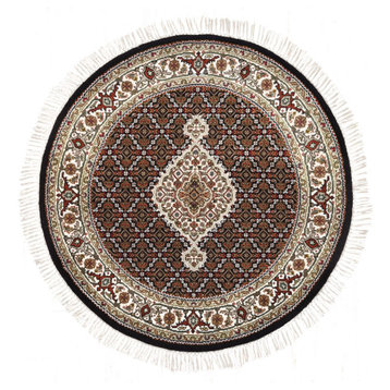 Wool And Silk Black Tabriz Mahi Fish Design Hand Knotted Oriental Rug, 4'2"x4'2"