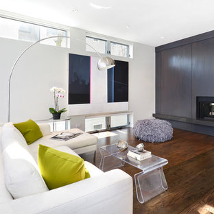 Inspiration for a modern living room remodel in Chicago with a two-sided fireplace