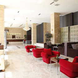Office with Polished Travertine Floor and Wall Tiles - Home Office Accessories