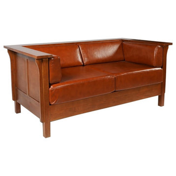 Arts and Crafts / Craftsman Cubic Panel Side Love Seat - Russet Brown Leather (R
