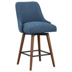 OSP Home Furnishings - Bagford 26" Swivel Counter Stool With Medium Espresso Legs, Navy Fabric - Enjoy a Mid-Century Modern design that is both attractive and comfortable. Ideal for a counter height kitchen island or any casual eating area. The padded, well-positioned back and seat, make this counter stool a must-have solution as active seating. Full swivel motion just right for conversation and eating plus dependable 100% Polyester fabric paired with solid wood frame make this design durable and beautiful. Some assembly required.