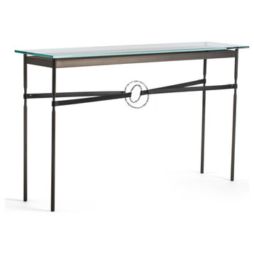 Equus Console Table, Dark Smoke Finish - Sterling Accents - Black Leather Strap