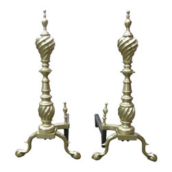 Late Victorian Spiral Chippendale Style Brass Andirons, Pair - Fireplace Grates And Andirons