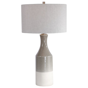MidCentury Modern Boho Ceramic Taupe Gray Table Lamp Elegant Bottle Shape Ivory