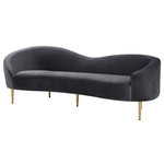 Meridian Furniture - Ritz Velvet Upholstered Sofa, Grey - Get comfy while remaining chic in this elegant Ritz grey velvet sofa. Plush grey-colored upholstery provides a soft texture that is pleasing to the senses, while its curved design offers a contemporary touch to your home furnishing. Gold metal legs complement the sofa's sophisticated grey color, creating a gallant piece anyone would be proud to display in their home.