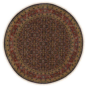 Round Midnight Blue All Over Herat Fish Design Hand Knotted Wool Rug, 5'9"x5'9"