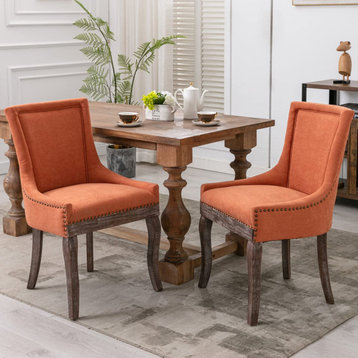 Upholstered Dining Chairs with Solid Wood Legs, Nailhead Trim, Set of 2, Orange