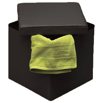 2 in 1 foldable pouf and storage box-LEATHER look Cube Faux Leather Folding , Bl