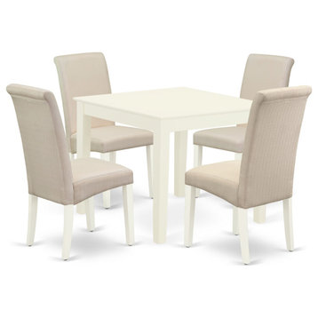 5Pc Dining Set, Square Table, Four Parson Chairs, Cream Fabric, Linen White
