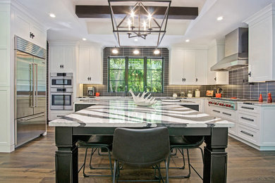 Kitchen - cottage dark wood floor kitchen idea in Grand Rapids with shaker cabinets, quartz countertops, black backsplash and stainless steel appliances