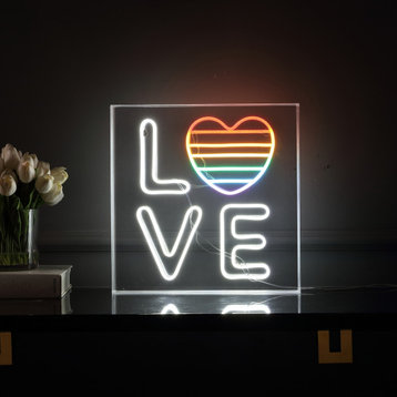 LOVE 15" Square Acrylic Box USB Operated LED Neon Light, White/Rainbow