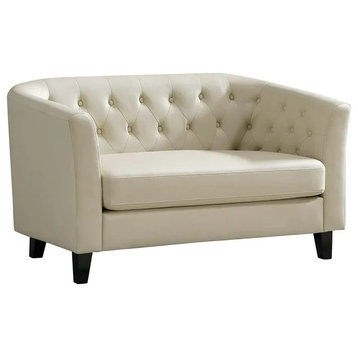 Modern Loveseat, Faux Leather Seat & Curved Button Tufted Backrest, Beige