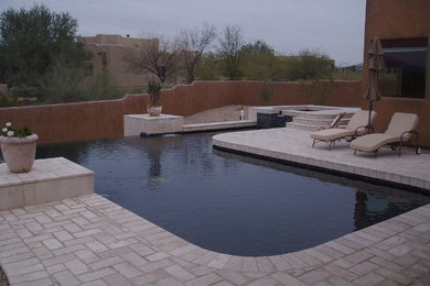 Inspiration for a mid-sized backyard brick and custom-shaped infinity hot tub remodel in Phoenix