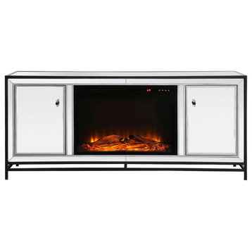 James 60" Mirrored Tv Stand With Wood Fireplace, Black