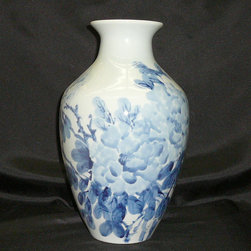 Porcelain Hand Brush Blue & White Flower Decor Vase - Vases