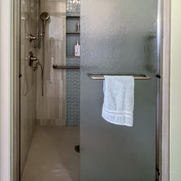 Primary Bathroom with Custom Corian and Tiled Shower, Tiled Tub Surround