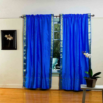 Blue 84-inch Rod Pocket Sheer Sari Curtain Panel  (India) - Pair
