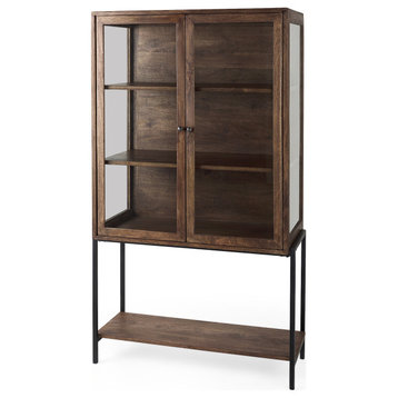 Arelius Medium Brown Solid Wood w/Black Metal Base Display Cabinet