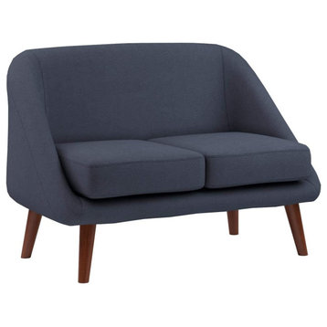 Modern Loveseat, Splayed Legs, Unique Shaped Back With Cushioned Seat, Dark Blue