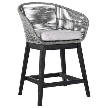 Armen Living Tutti Frutti 26" Wood & Rope Outdoor Counter Stool in Gray/Black