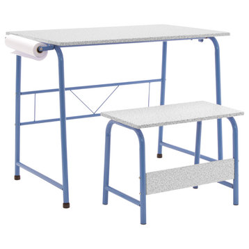Project Art Table With Bench, Blue/Splatter Gray