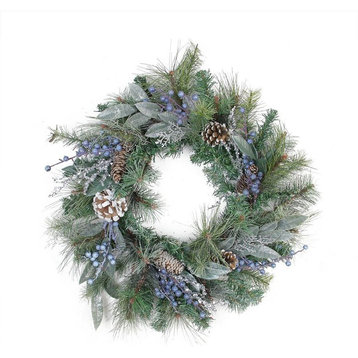 Mixed Pine, Blueberries and Snowy Pine Cones Artificial Christmas Wreath, Unlit