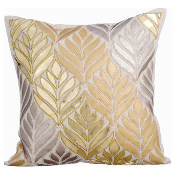 Gold Faux Leather Pillows 20"x20" Indian Pillow Covers, Maple Leaf, Foil Maple