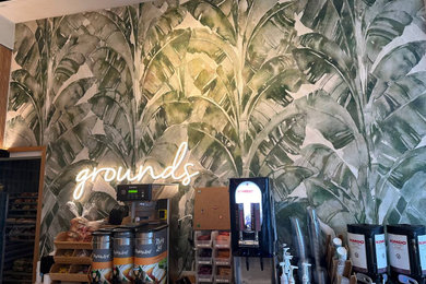 Custom Green Palm Leaf Wallcovering In Hotel Cafe