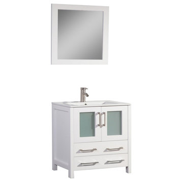 Brescia 30" Single Bathroom Vanity in White with Ceramic Top with Mirror