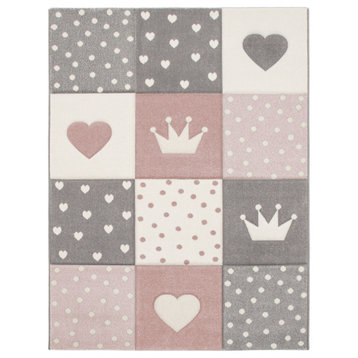 Kids Rug Checkered With Hearts and Crowns, Pink, 2'8"x4'11"