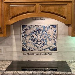 French Blue Fleur de Lis Ceramic Tile Mural for French Country or New Orleans Ki - Tile Murals