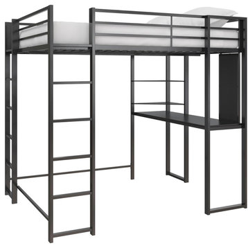 Full Loft Bed, Sleek Metal Frame With Safety Guardrails and Built, Desk, Black