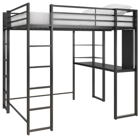 Sleek Full Size Metal Loft Bed with Built-In Desk, Safety Guardrails, Black