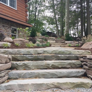Rural Landscape Design - Fieldstone Wall, Flagstone Path, Boulder Steps