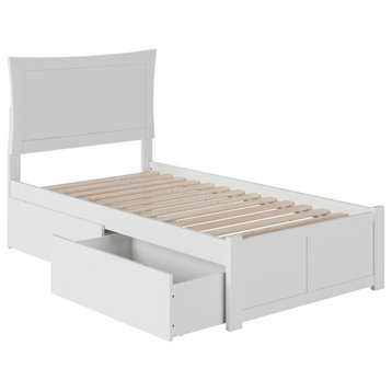 Transitional Twin Platform Bed, Storage Drawers With Flat Panel Headboard, White