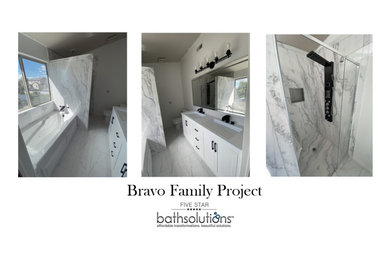 Inspiration for a mid-sized master double-sink bathroom remodel in Salt Lake City with recessed-panel cabinets, white cabinets, white countertops and a freestanding vanity