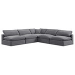 Meridian Furniture - Comfy Upholstered L-Shaped Modular Sectional, Grey, 5-Piece: 4 Armless Chair, 1 Corner Chair, Velvet - Give your space a whole new look with this grey Comfy velvet sectional. This handsome sectional fits nicely with other items in the Comfy collection and is a versatile seating option designed for adaptability, comfort and style. Wrapped in rich grey durable velvet upholstery, this sectional offers a plush embrace of overstuffed down feather cushions, carefully crafted to deliver the highest level of comfort. The perfect seat for creating an oasis for relaxation, this sectional has thick foam surrounding its frame for added support and coziness.