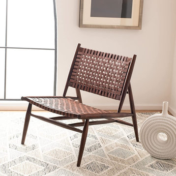 Scandinavian Accent Chair, Sungkai Wood Frame & Woven Cognac Brown Leather Seat