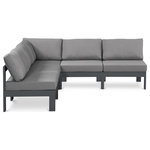 Meridian Furniture - Nizuc Water Resistant Patio L-Shaped Modular Sectional, Gray, 5-Piece: 4 Armless Chair, 1 Corner Chair, Dark Gray Aluminum Frame - Pick and choose your favorites from the Nizuc collection to create a modular seating group the whole gang will enjoy. The sturdy aluminum frame provides dependable support for friends and family as they relax and unwind, and the resilient grey water resistant fabric stands up to the elements without losing its beautiful demeanor, so you can count on it lasting for the long haul. Latches beneath these seating pieces help you easily attach them to one another for convenient setup.