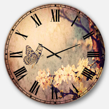 Vintage Butterfly and Cherry Tree Floral Round Wall Clock, 36x36