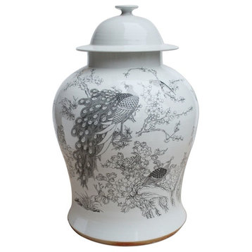 Black and White Porcelain Floral Peacock Motif Temple Jar, 16"